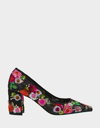 Betsey Johnson CYRUS Black Floral Pointed-Toe Sequin Embellished Women's Heel