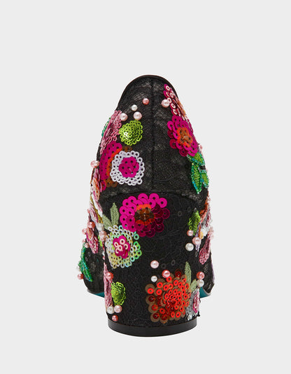 Betsey Johnson CYRUS Black Floral Pointed-Toe Sequin Embellished Women's Heel