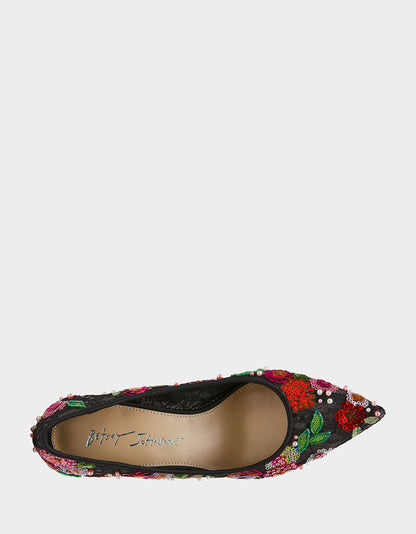 Betsey Johnson CYRUS Black Floral Pointed-Toe Sequin Embellished Women's Heel