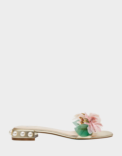 Betsey Johnson ROSIA Light Gold Flower Embellished Pearl Square-Toe Women's Block Heel