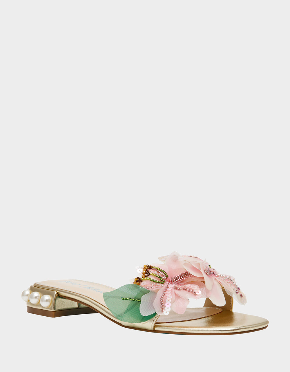 Betsey Johnson ROSIA Light Gold Flower Embellished Pearl Square-Toe Women's Block Heel