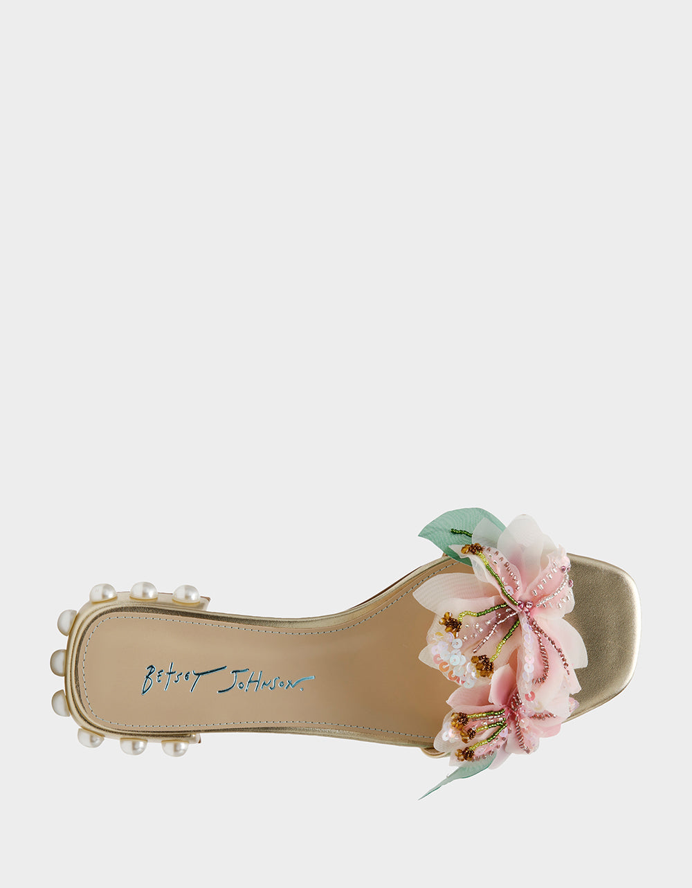 Betsey Johnson ROSIA Light Gold Flower Embellished Pearl Square-Toe Women's Block Heel