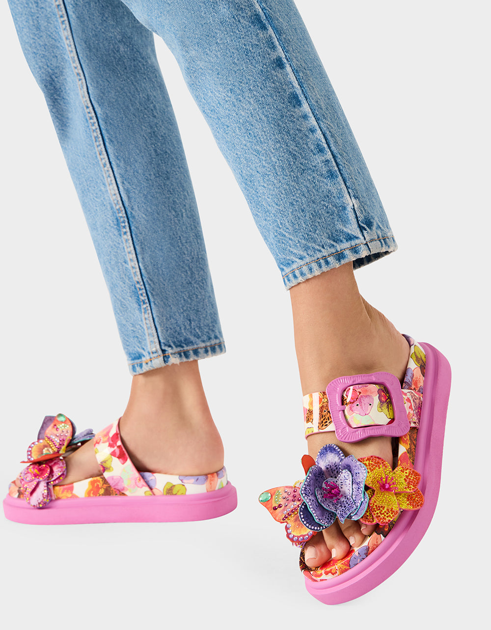 Betsey Johnson LORAYNE WHITE MULTI Women's Footbed Slip-On Sandal with Flower and Butterfly Details