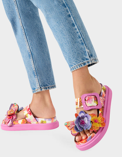 Betsey Johnson LORAYNE WHITE MULTI Women's Footbed Slip-On Sandal with Flower and Butterfly Details