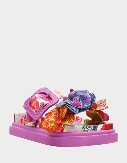Betsey Johnson LORAYNE WHITE MULTI Women's Footbed Slip-On Sandal with Flower and Butterfly Details