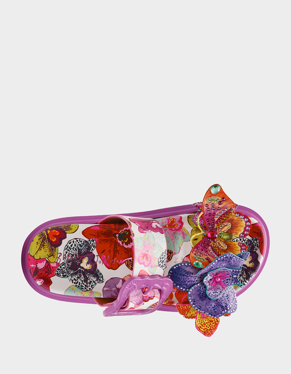 Betsey Johnson LORAYNE WHITE MULTI Women's Footbed Slip-On Sandal with Flower and Butterfly Details