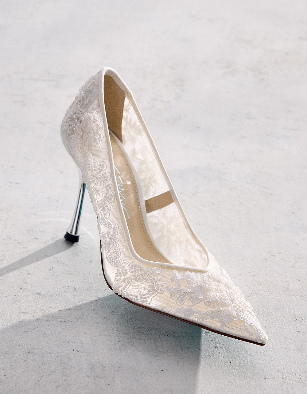 Betsey Johnson JENII IVORY Pointed-Toe Mesh Embellished Floral Print Pump Women's Heel