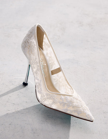 Betsey Johnson JENII IVORY Pointed-Toe Mesh Embellished Floral Print Pump Women's Heel