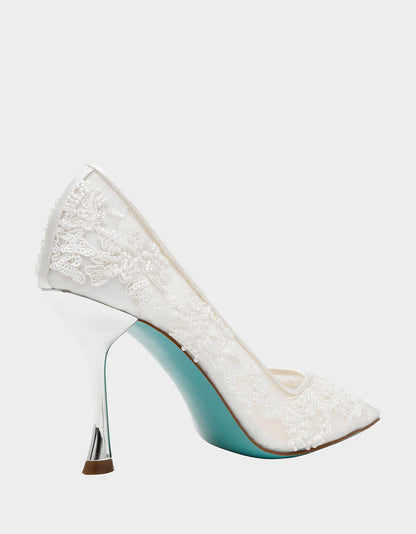 Betsey Johnson JENII IVORY Pointed-Toe Mesh Embellished Floral Print Pump Women's Heel