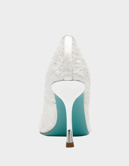 Betsey Johnson JENII IVORY Pointed-Toe Mesh Embellished Floral Print Pump Women's Heel