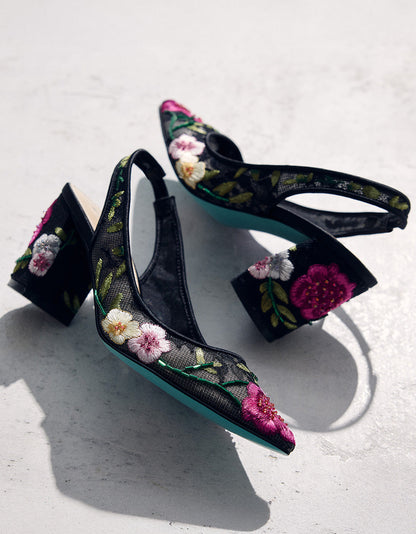 Betsey Johnson LIRA BLACK MULTI FLORAL Pointed-Toe Slingback Mesh Women's Heel