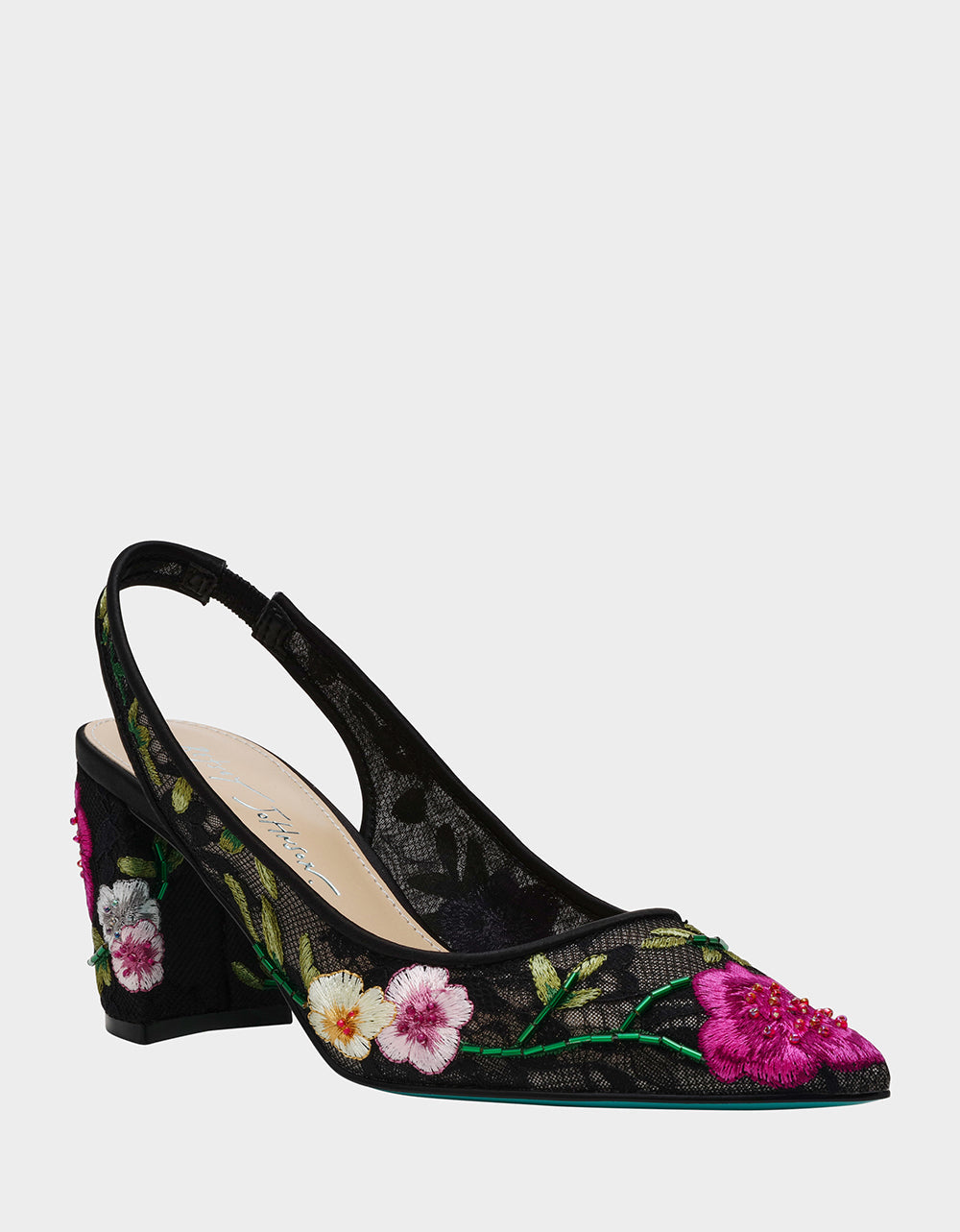 Betsey Johnson LIRA BLACK MULTI FLORAL Pointed-Toe Slingback Mesh Women's Heel