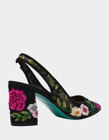 Betsey Johnson LIRA BLACK MULTI FLORAL Pointed-Toe Slingback Mesh Women's Heel