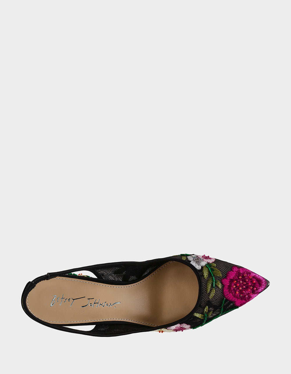 Betsey Johnson LIRA BLACK MULTI FLORAL Pointed-Toe Slingback Mesh Women's Heel
