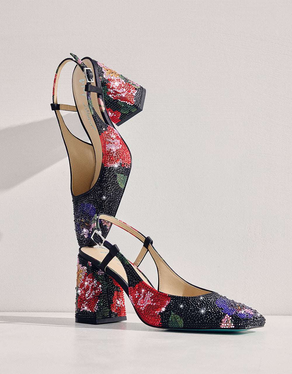 Betsey Johnson ELIAS BLACK MULTI FLORAL Square-Toe Slingback Women's Block Heel
