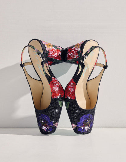 Betsey Johnson ELIAS BLACK MULTI FLORAL Square-Toe Slingback Women's Block Heel