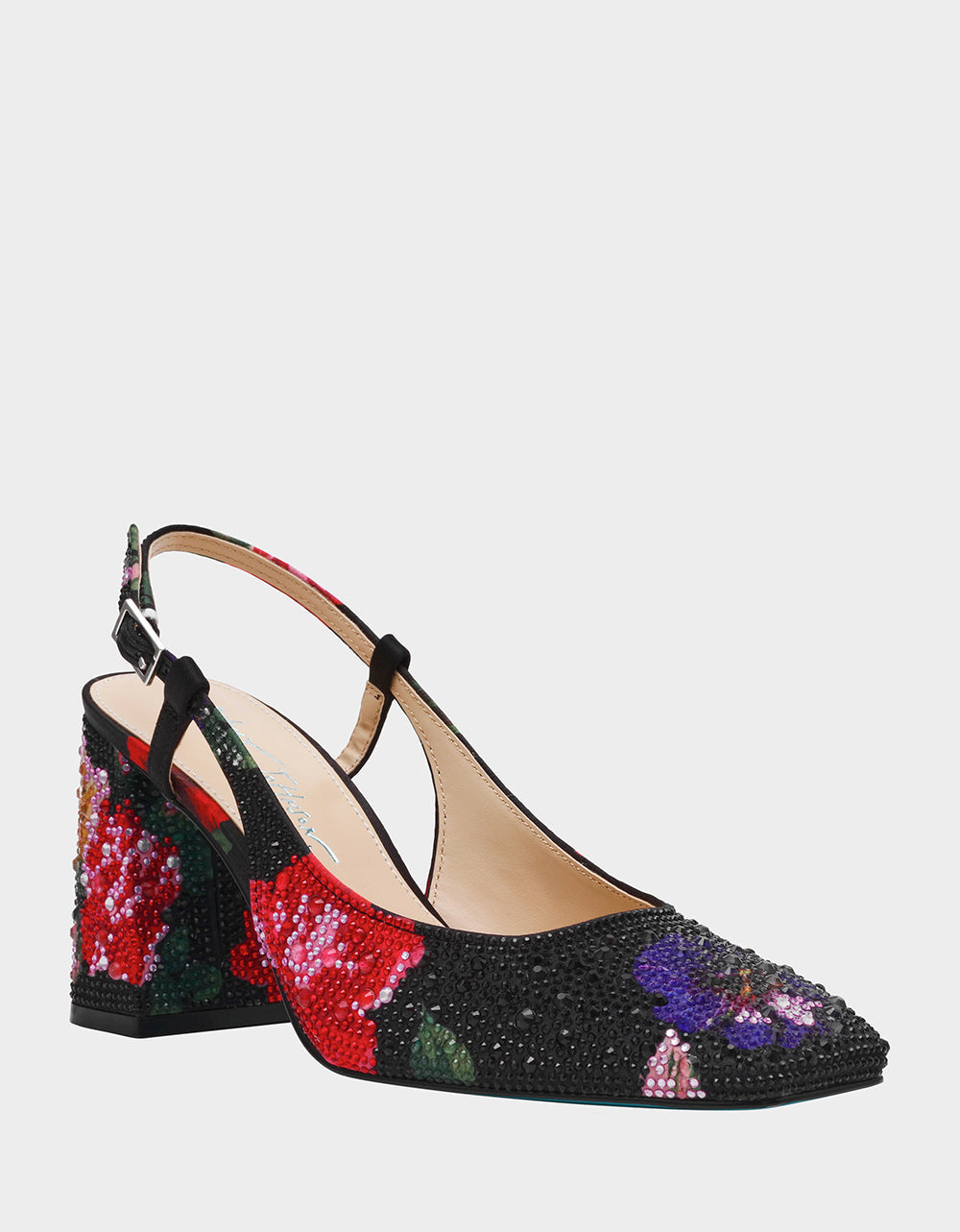 Betsey Johnson ELIAS BLACK MULTI FLORAL Square-Toe Slingback Women's Block Heel