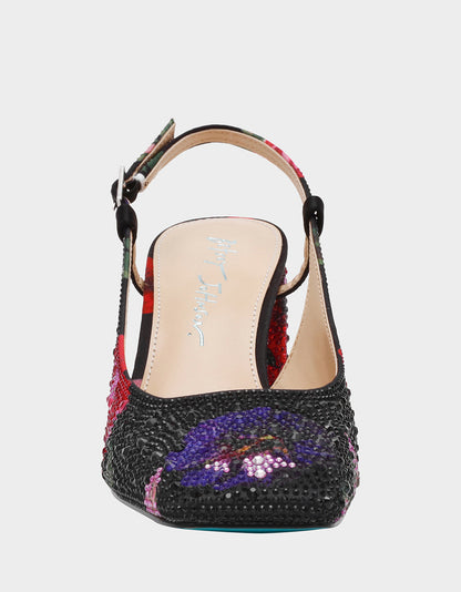 Betsey Johnson ELIAS BLACK MULTI FLORAL Square-Toe Slingback Women's Block Heel