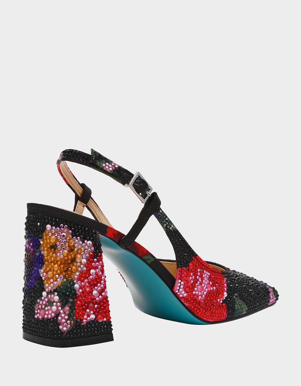 Betsey Johnson ELIAS BLACK MULTI FLORAL Square-Toe Slingback Women's Block Heel