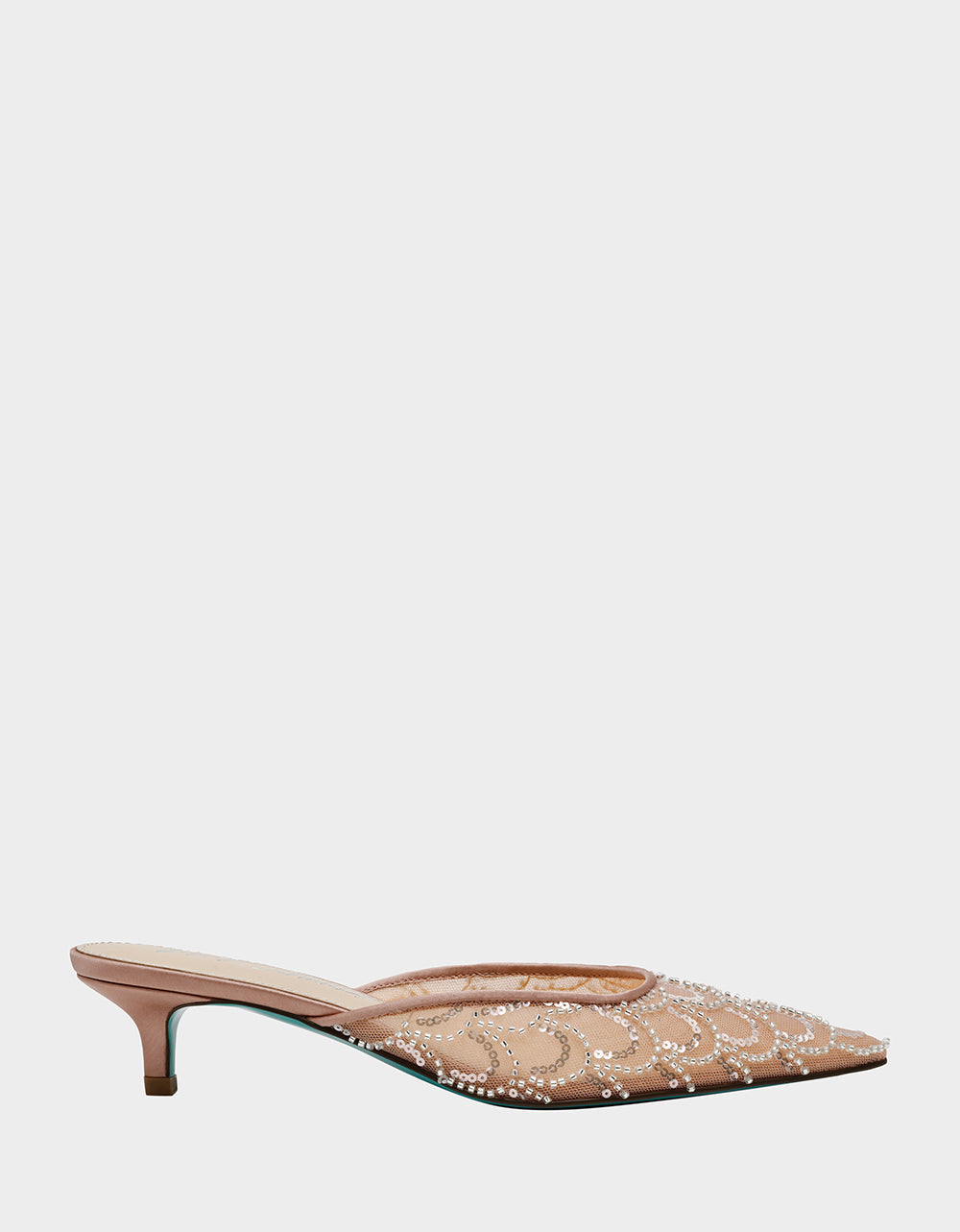 Betsey Johnson ELLIS NUDE Pointed-Toe Mesh Embellished Mule Women's Kitten Heel
