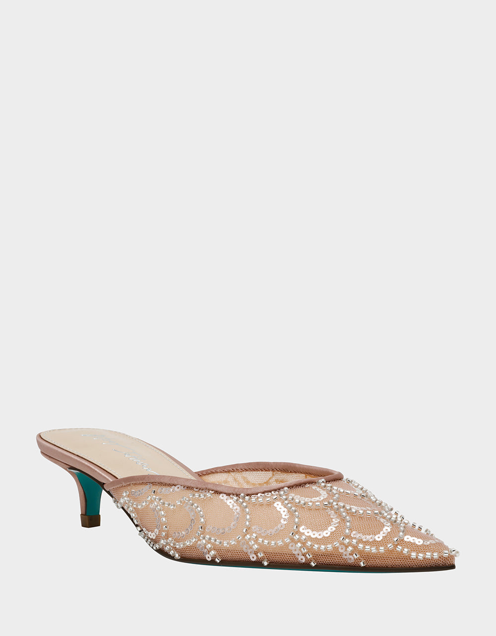 Betsey Johnson ELLIS NUDE Pointed-Toe Mesh Embellished Mule Women's Kitten Heel