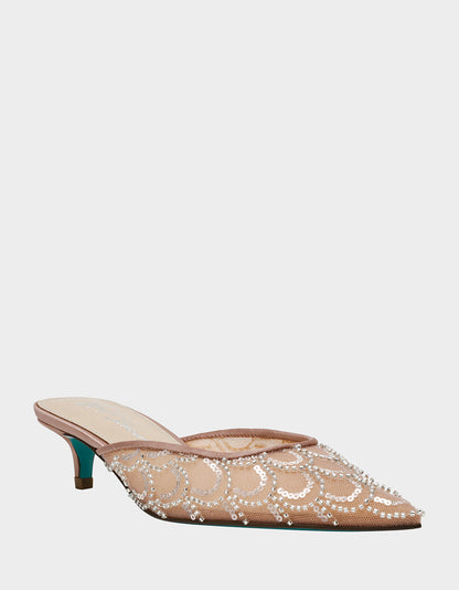 Betsey Johnson ELLIS NUDE Pointed-Toe Mesh Embellished Mule Women's Kitten Heel