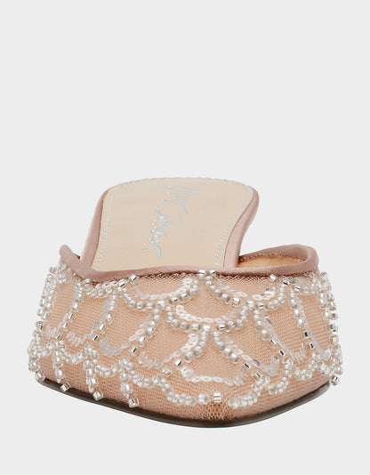 Betsey Johnson ELLIS NUDE Pointed-Toe Mesh Embellished Mule Women's Kitten Heel