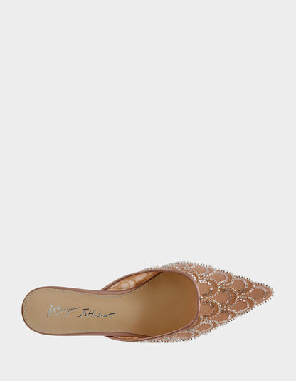 Betsey Johnson ELLIS NUDE Pointed-Toe Mesh Embellished Mule Women's Kitten Heel