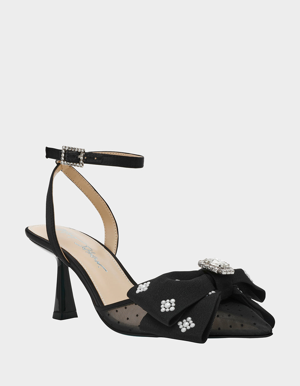 Betsey Johnson MARK BLACK Pointed-Toe Mesh Pump Rhinestone Bow Women's Heel