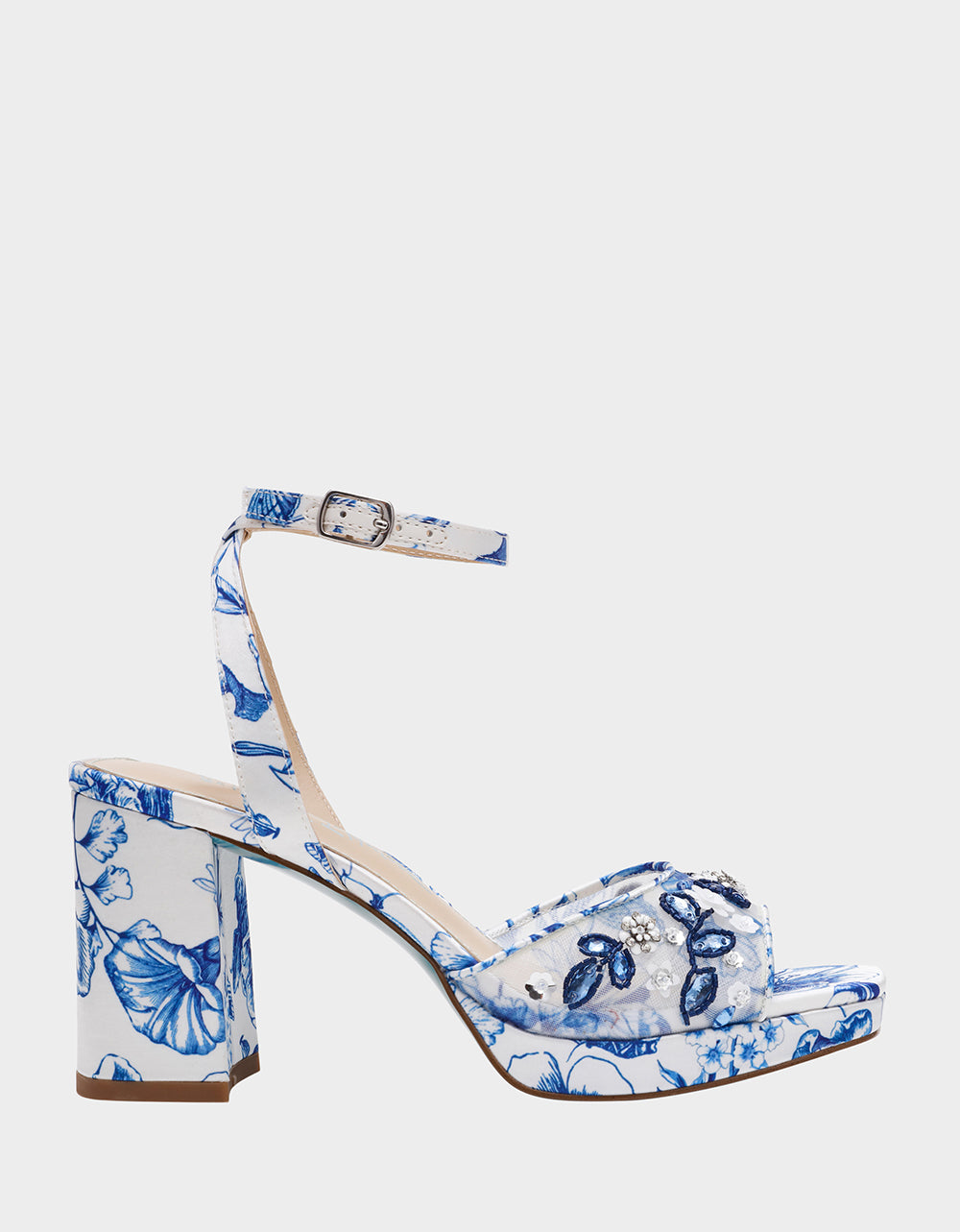 Betsey Johnson BRODY WHITE/BLUE FLORAL Women's Platform Block Floral Heel with Beaded Embellishments