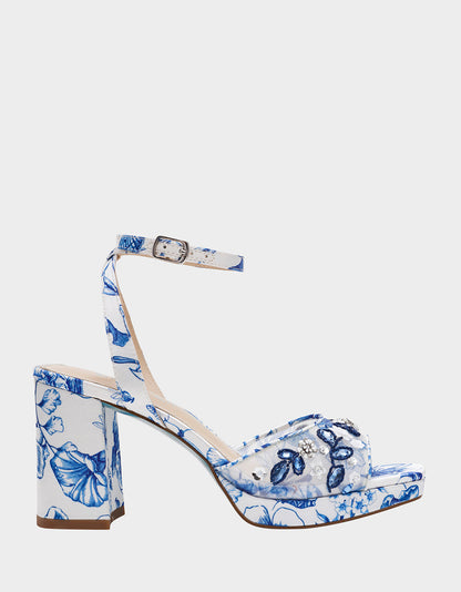 Betsey Johnson BRODY WHITE/BLUE FLORAL Women's Platform Block Floral Heel with Beaded Embellishments