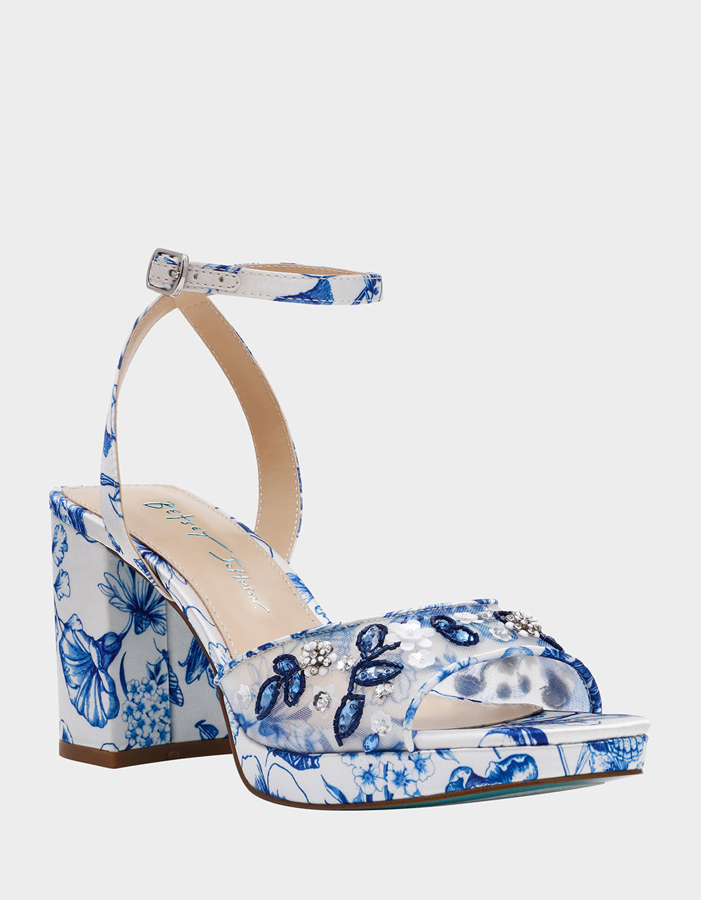 Betsey Johnson BRODY WHITE/BLUE FLORAL Women's Platform Block Floral Heel with Beaded Embellishments