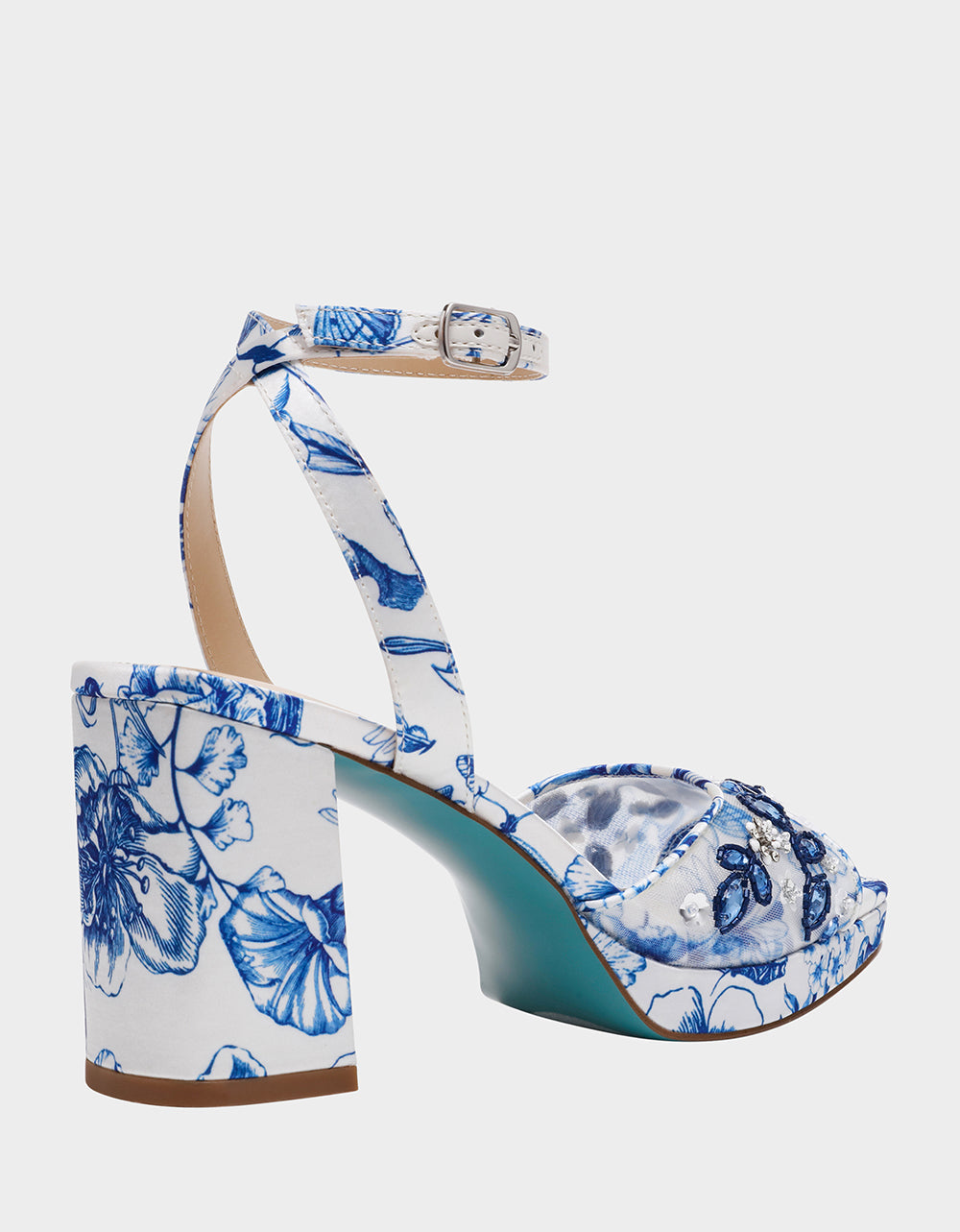 Betsey Johnson BRODY WHITE/BLUE FLORAL Women's Platform Block Floral Heel with Beaded Embellishments