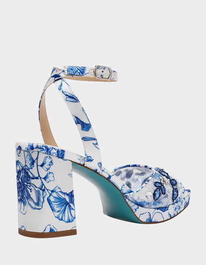 Betsey Johnson BRODY WHITE/BLUE FLORAL Women's Platform Block Floral Heel with Beaded Embellishments