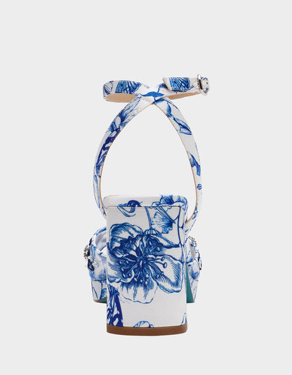 Betsey Johnson BRODY WHITE/BLUE FLORAL Women's Platform Block Floral Heel with Beaded Embellishments
