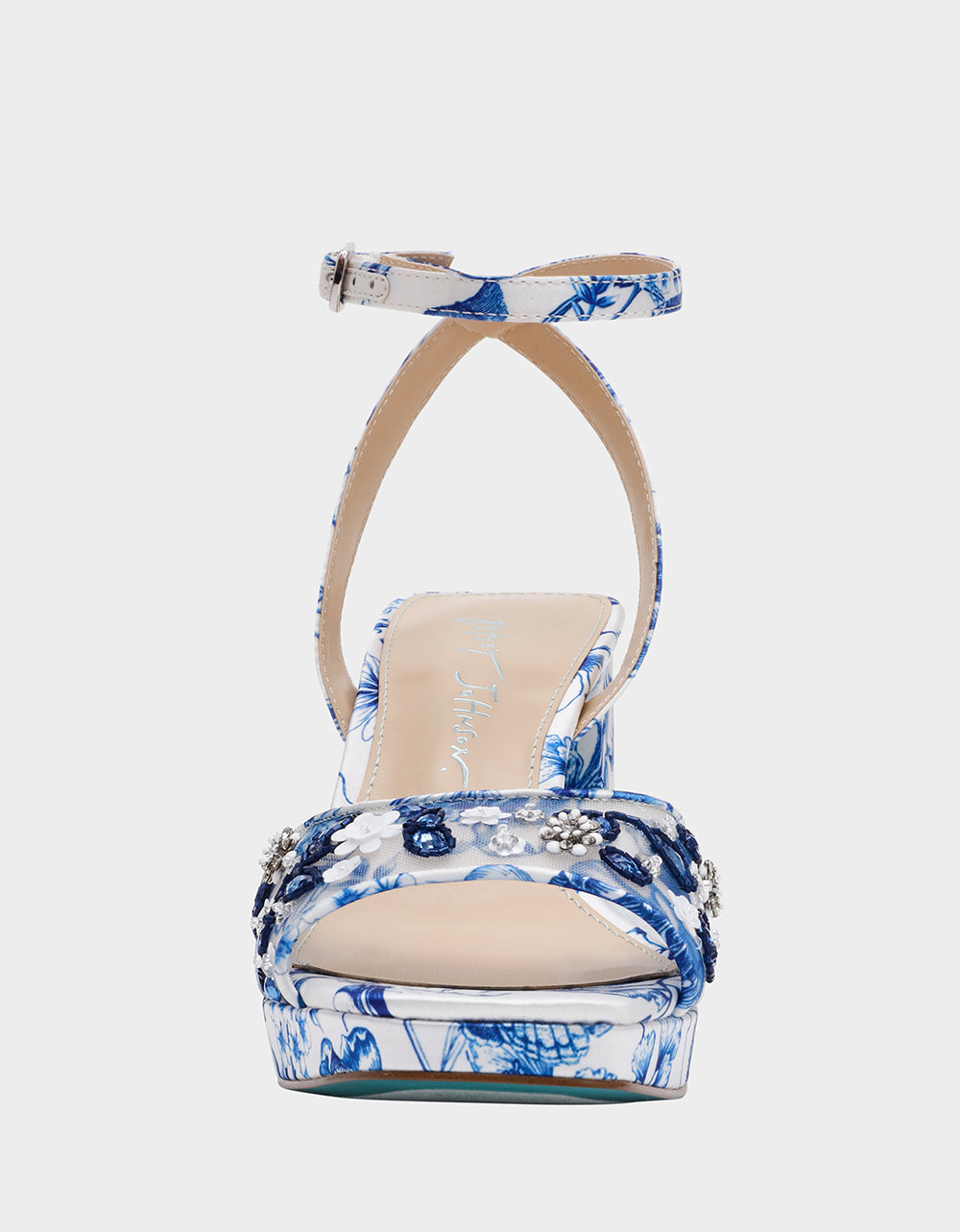 Betsey Johnson BRODY WHITE/BLUE FLORAL Women's Platform Block Floral Heel with Beaded Embellishments