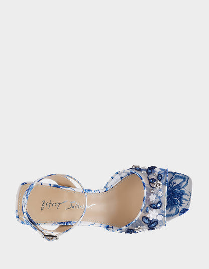 Betsey Johnson BRODY WHITE/BLUE FLORAL Women's Platform Block Floral Heel with Beaded Embellishments
