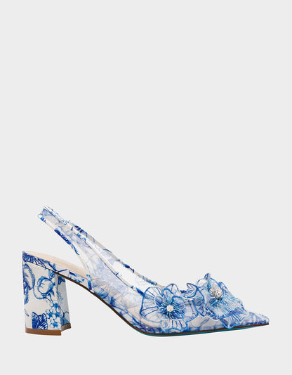 Betsey Johnson PETRA WHITE/BLUE FLORAL Slingback Floral Mesh Block Heel
