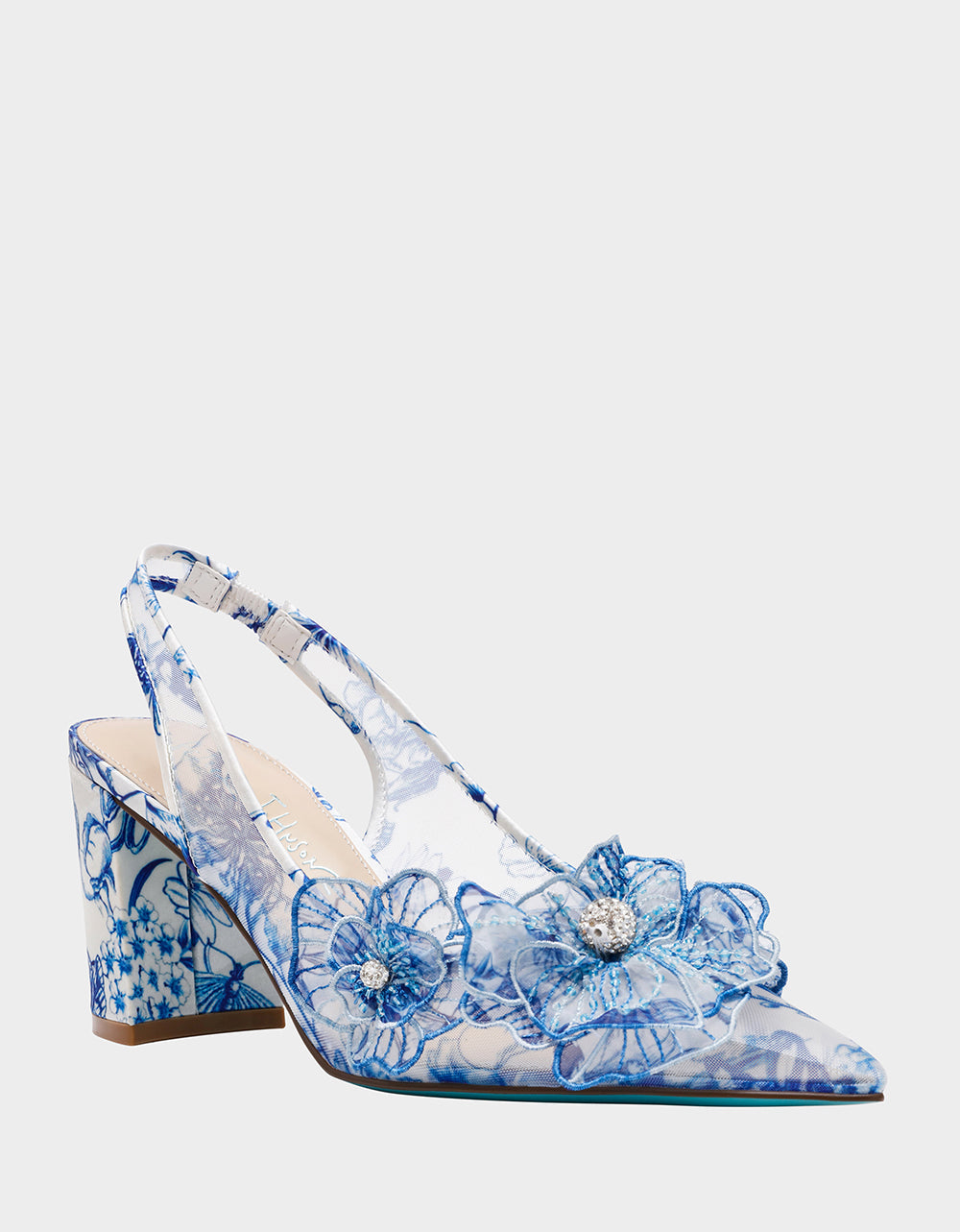 Betsey Johnson PETRA WHITE/BLUE FLORAL Slingback Floral Mesh Block Heel