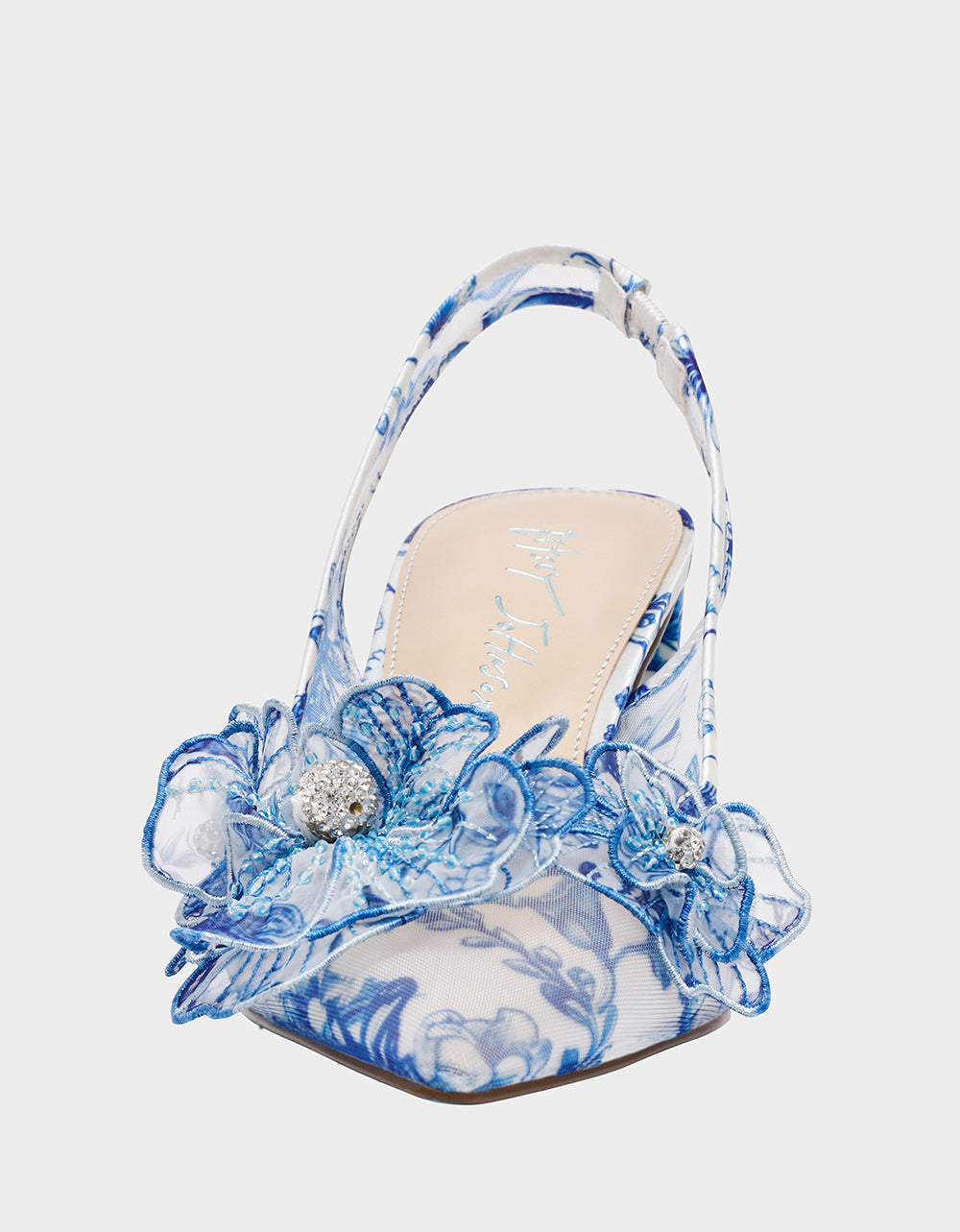 Betsey Johnson PETRA WHITE/BLUE FLORAL Slingback Floral Mesh Block Heel