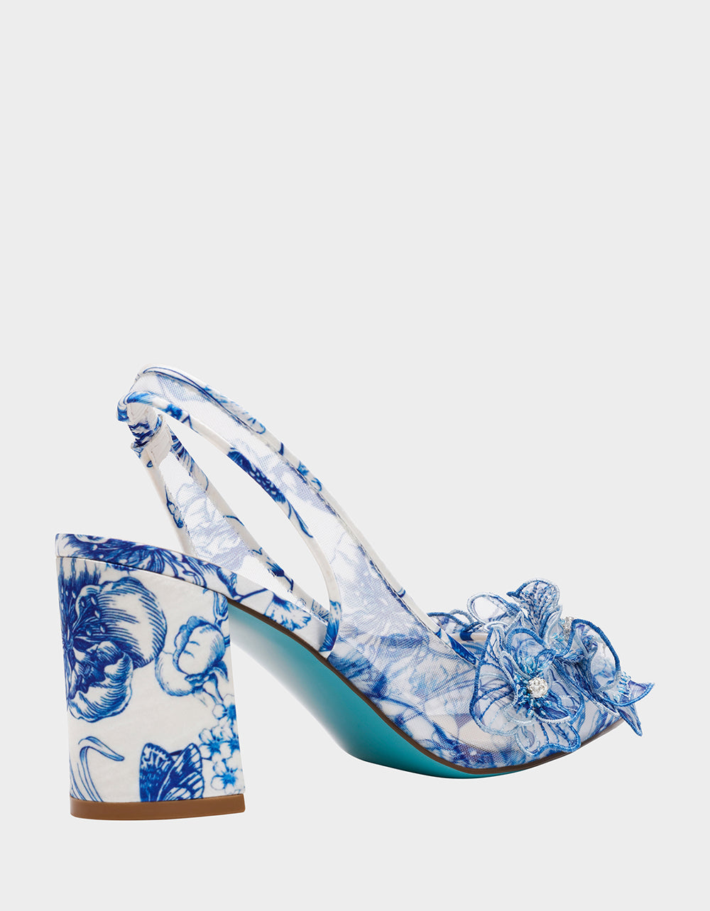 Betsey Johnson PETRA WHITE/BLUE FLORAL Slingback Floral Mesh Block Heel