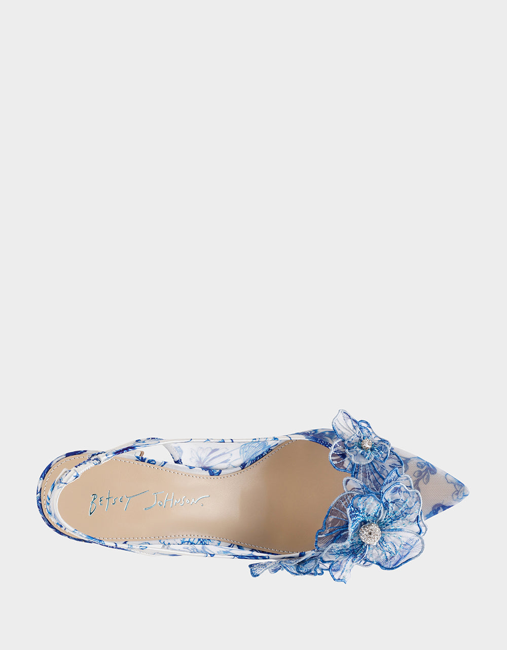 Betsey Johnson PETRA WHITE/BLUE FLORAL Slingback Floral Mesh Block Heel
