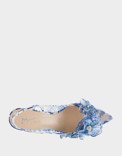 Betsey Johnson PETRA WHITE/BLUE FLORAL Slingback Floral Mesh Block Heel