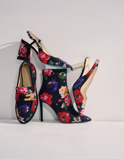 Betsey Johnson CLARK HEELS BLACK FLOWER MULTI Slingback Women's Kitten Heel