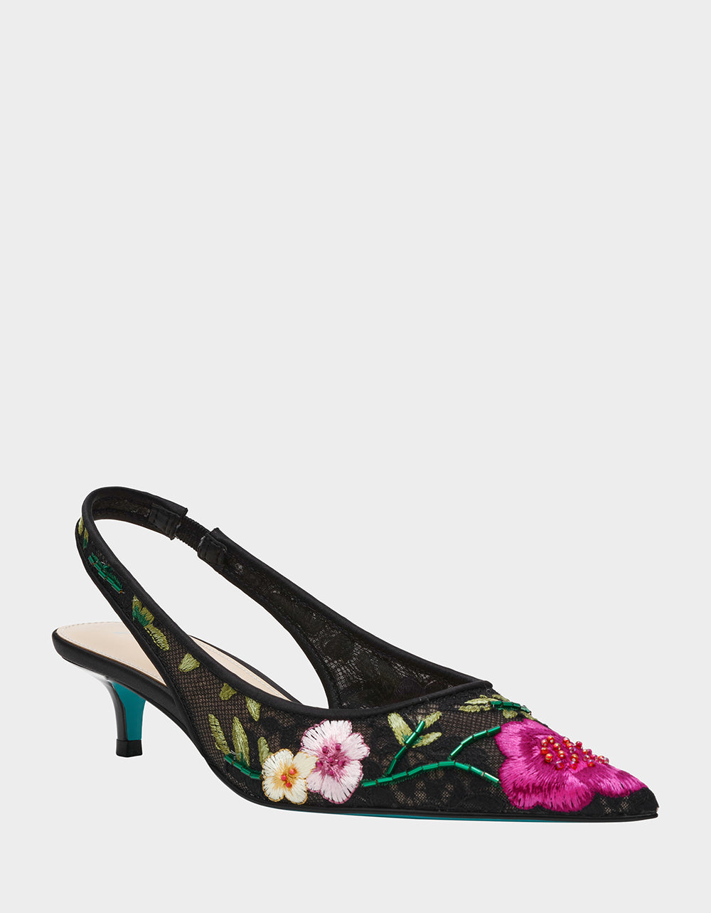 Betsey Johnson FELIX BLACK MULTI FLORAL Pointed-Toe Slingback Pump Kitten Heel