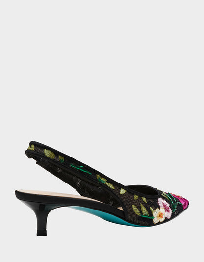 Betsey Johnson FELIX BLACK MULTI FLORAL Pointed-Toe Slingback Pump Kitten Heel