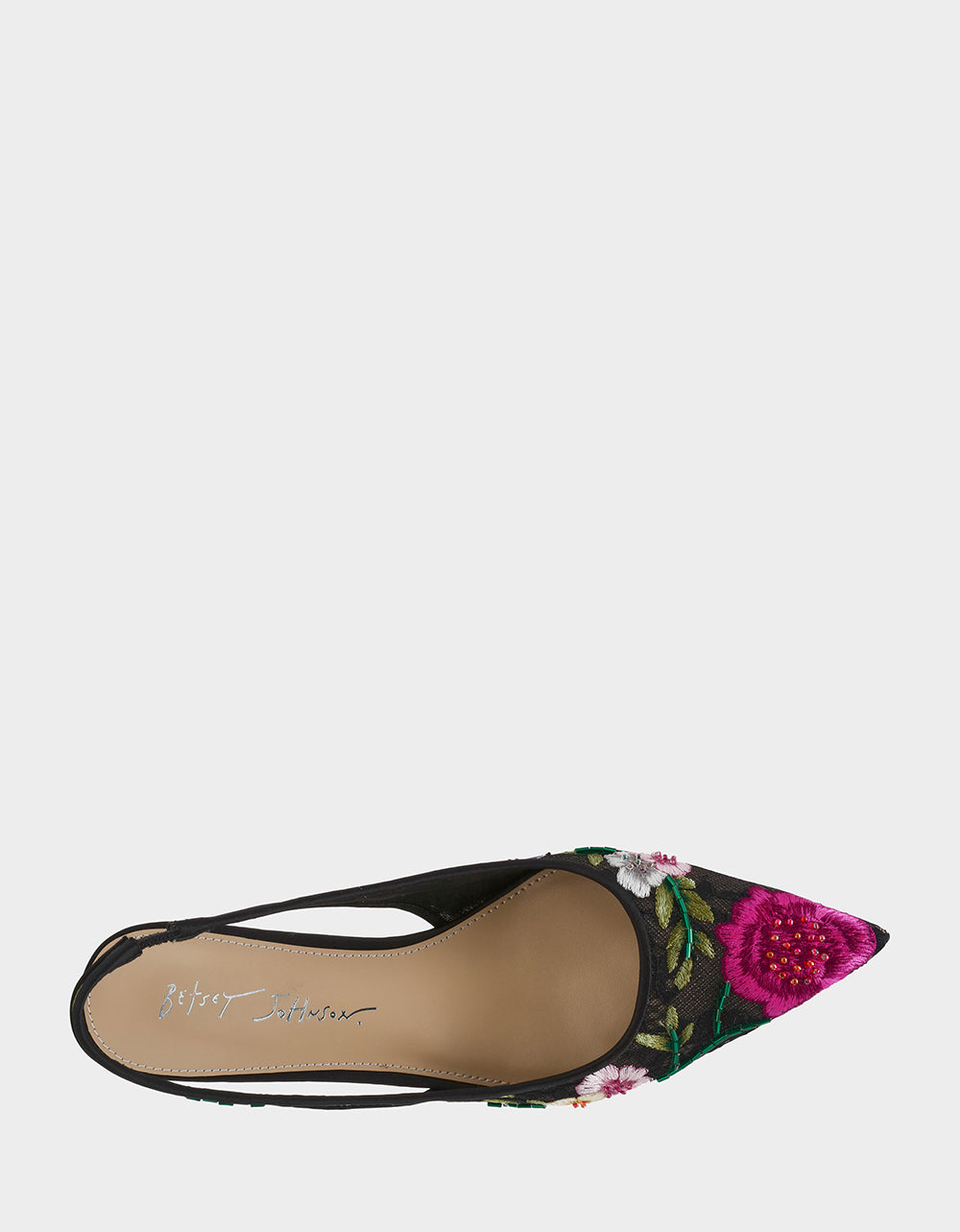 Betsey Johnson FELIX BLACK MULTI FLORAL Pointed-Toe Slingback Pump Kitten Heel