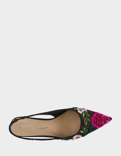 Betsey Johnson FELIX BLACK MULTI FLORAL Pointed-Toe Slingback Pump Kitten Heel