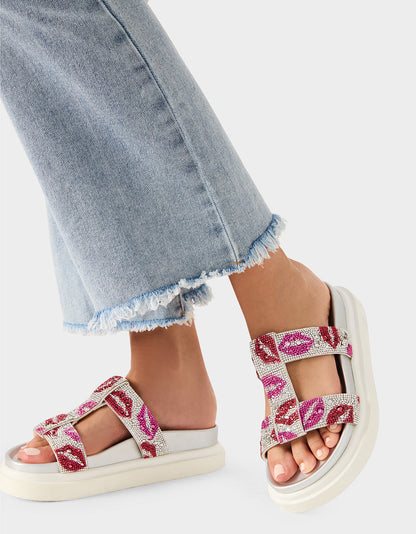 Betsey Johnson BILLY MULTI LIPS Women's Footbed Slip-On Lip Print Sandal