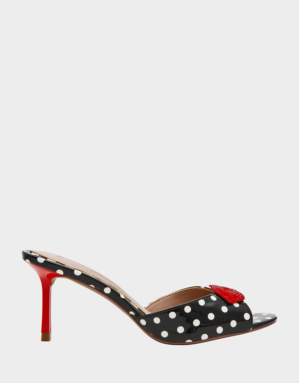 Betsey Johnson CASIDY WHITE BLACK POLKA DOT Women's Polka Dot Mule Heels with Rhinestone Lip
